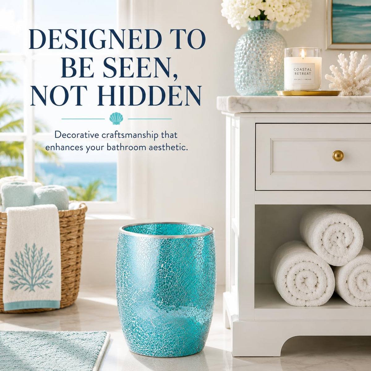 Escenzy Turquoise Bathroom Trash Can, Handmade Mosaic Glass 1.3 Gal / 5L | Decorative Waste Basket for Bathroom, Bedroom, Office | Luxury Coastal Bathroom Decor | Boho Home Decor Gift