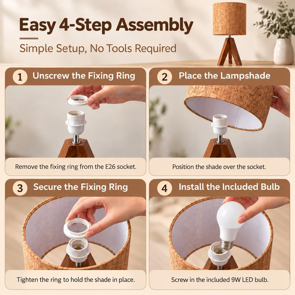 Natural Wood Tripod Table Lamp for Bedroom Nightstand