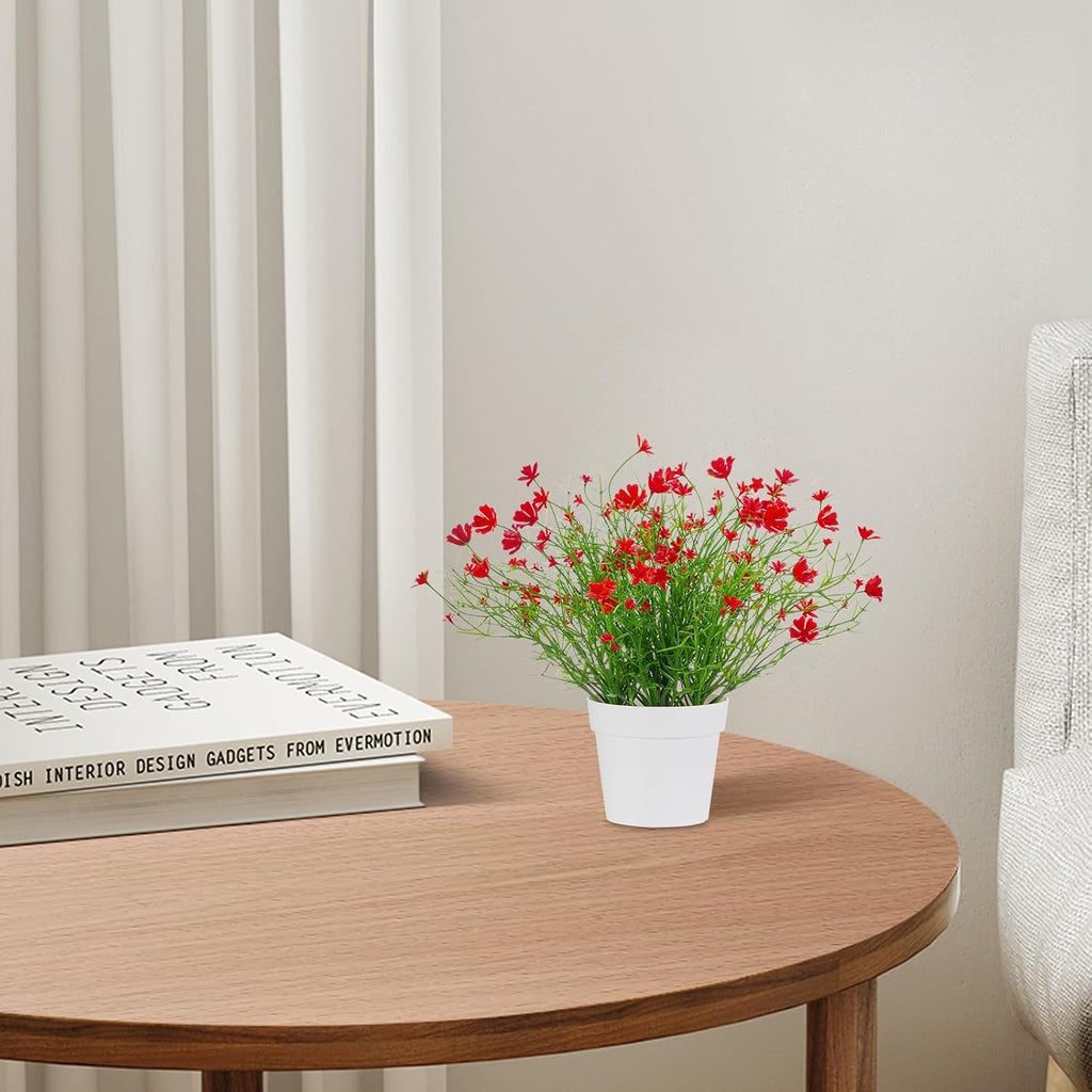 Artificial Babys Breath Potted Fake Plants with Flowers Faux Plants Indoor for Home Office Bookshelf Table Room Decor (Red)