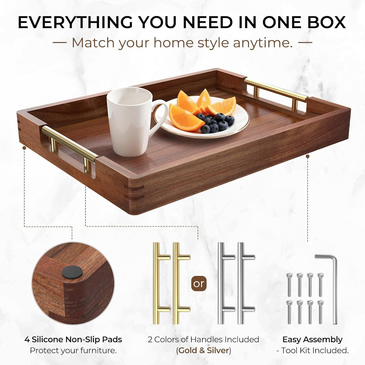 17-Inch Acacia Wood Serving Tray, 2 Handle Sets, Gold and Silver