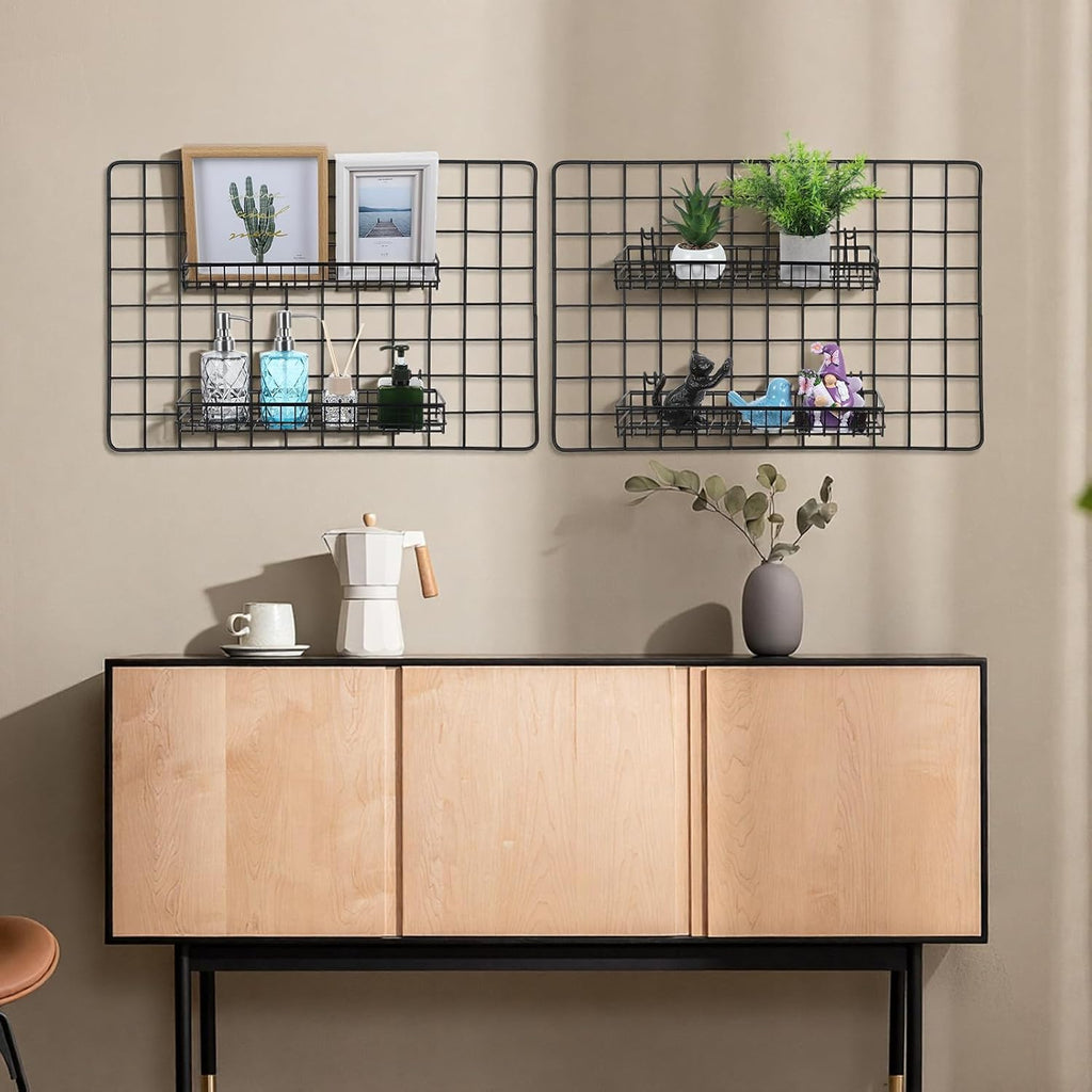 4 Pcs Black Metal Grid Wall Baskets with Hooks, Hanging Wire Storage Organizer Shelf for Kitchen Bathroom Office, 15.75 x 3.94 x 1.97 Inch