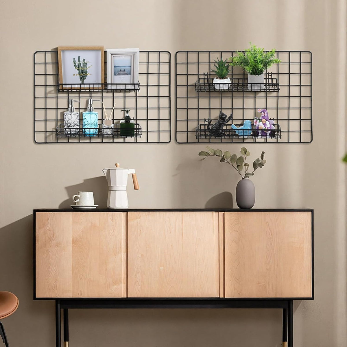 4 Pcs Black Metal Grid Wall Baskets with Hooks, Hanging Wire Storage Organizer Shelf for Kitchen Bathroom Office, 15.75 x 3.94 x 1.97 Inch