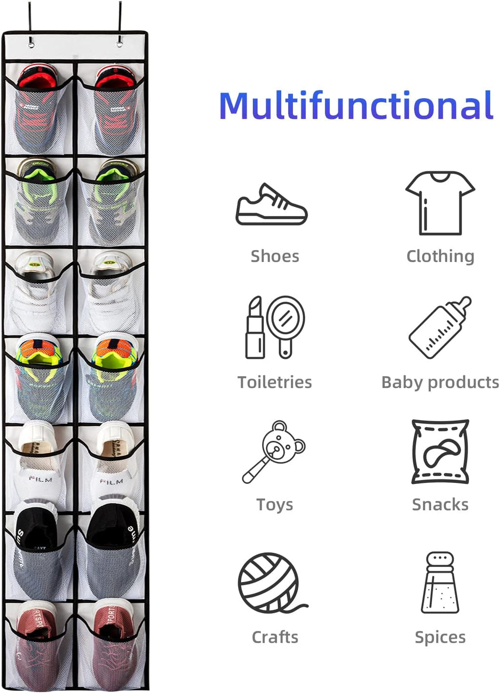 KEEPJOY Over the Door Shoe Organizer, Hanging Shoe Organizer with 4 Hooks, Shoe Holder with 14 Mesh Pockets Closet Door Shoe Storage Bag (White-2Pack)