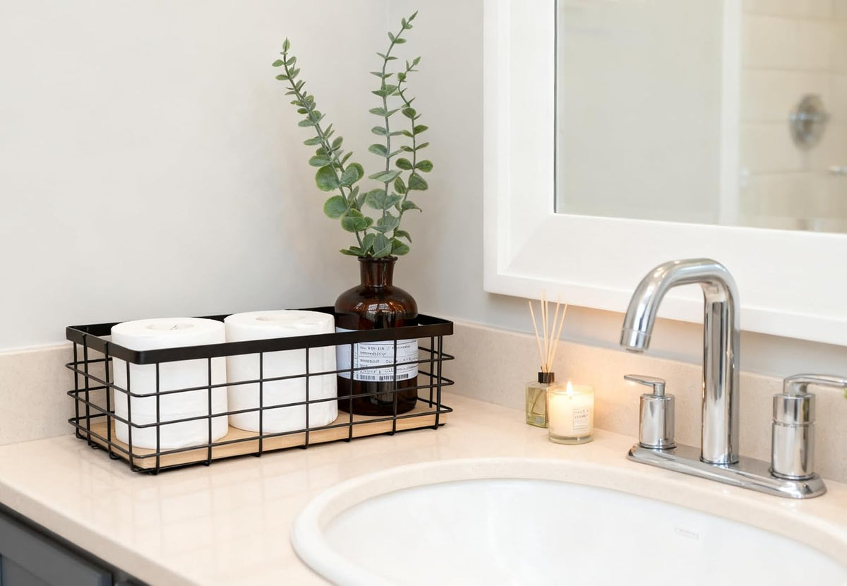 ShabbyDecor Detachable Wood Base Wire Basket tabletop or wall mount, Medium