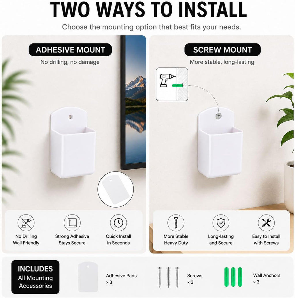 3 Pack Remote Control Holder Wall Mount, Adhesive Remote Holder with Screw Installation Storage Organizer for TV/Media/Air Conditioner Remotes For Home Office School White