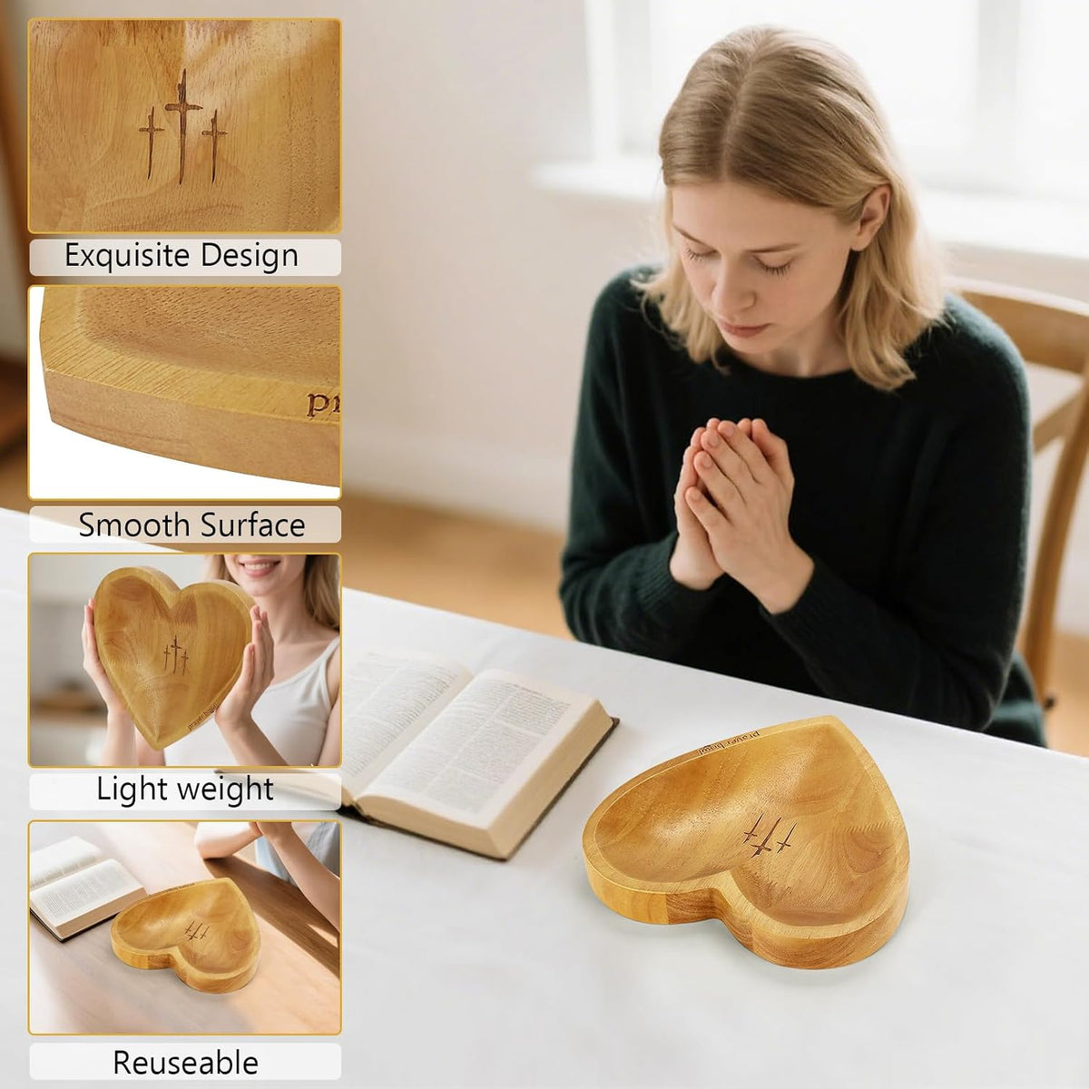 Prayer Bowl with 24 Blessing Cards Wooden Prayer Bowl Rustic Heart Shaped Decor Dough Bowls Christian Gifts for Mom Dad (Light)
