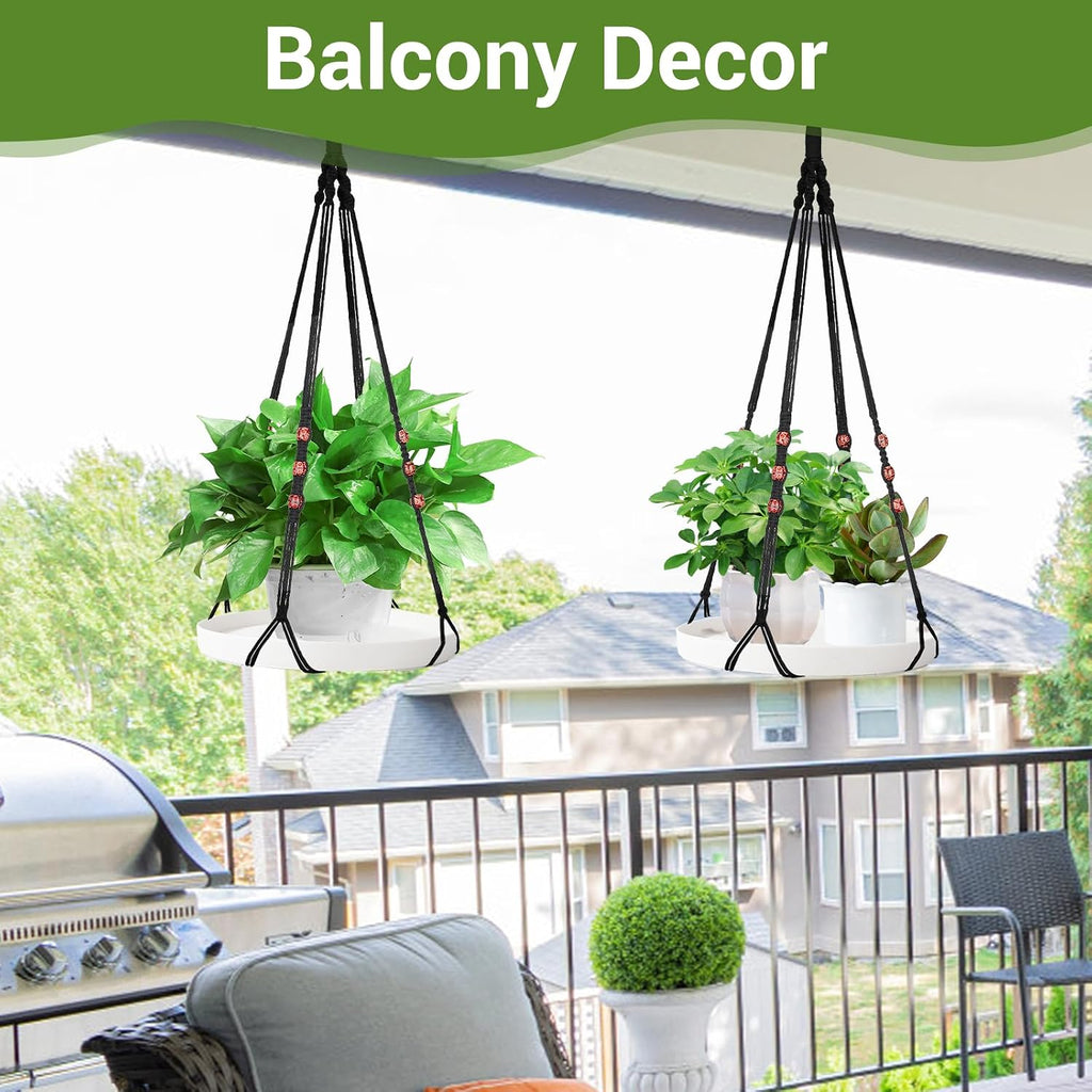 GREANER 2 Sets Hanging Plant Shelf, Black Indoor Hanging Plant Stand with Large Plastic Tray, Flower Pot Holder for Succulents, Cacti, Small Plants