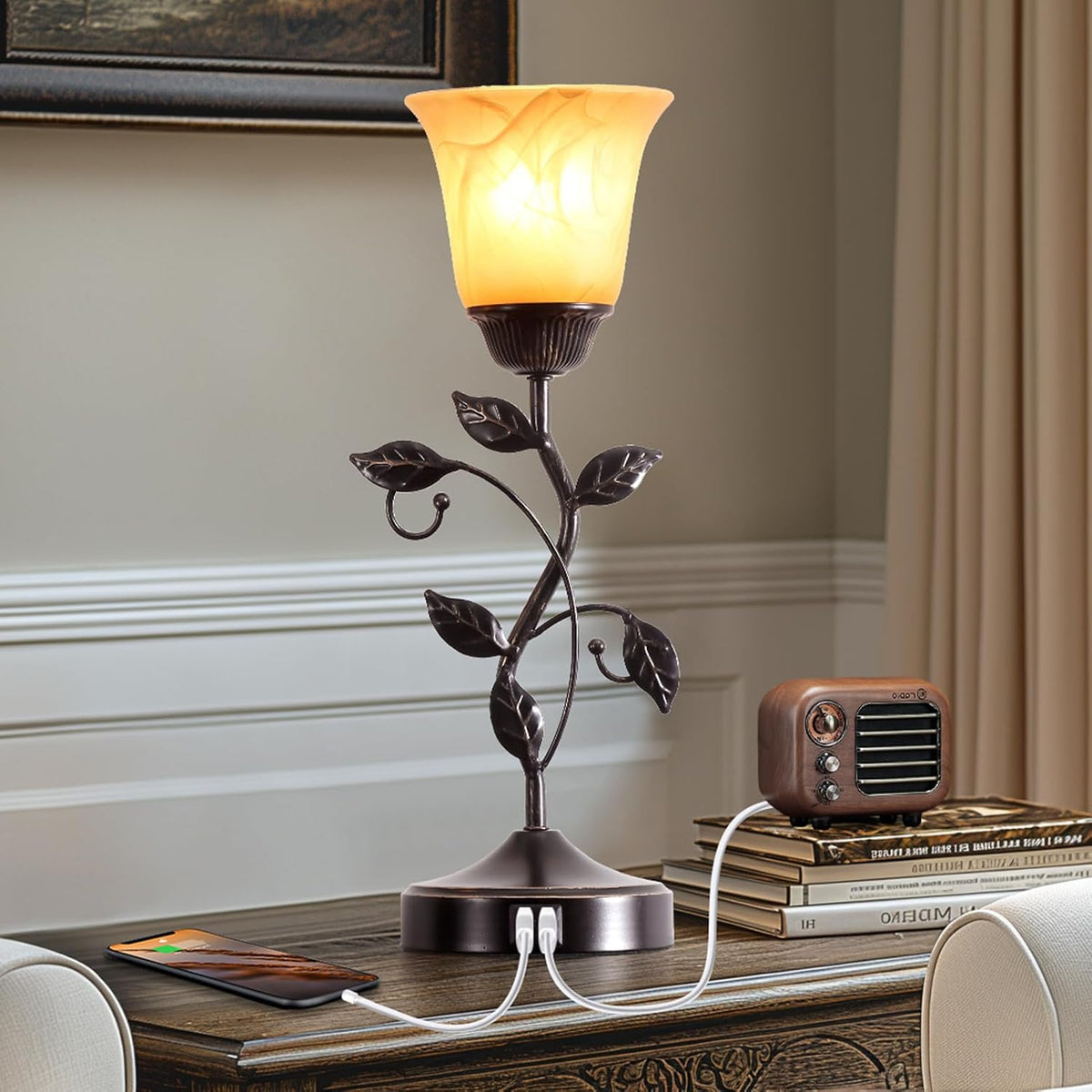 Set of 2 Touch Vintage Bedroom Leaf Table Lamps with 2 USB Ports
