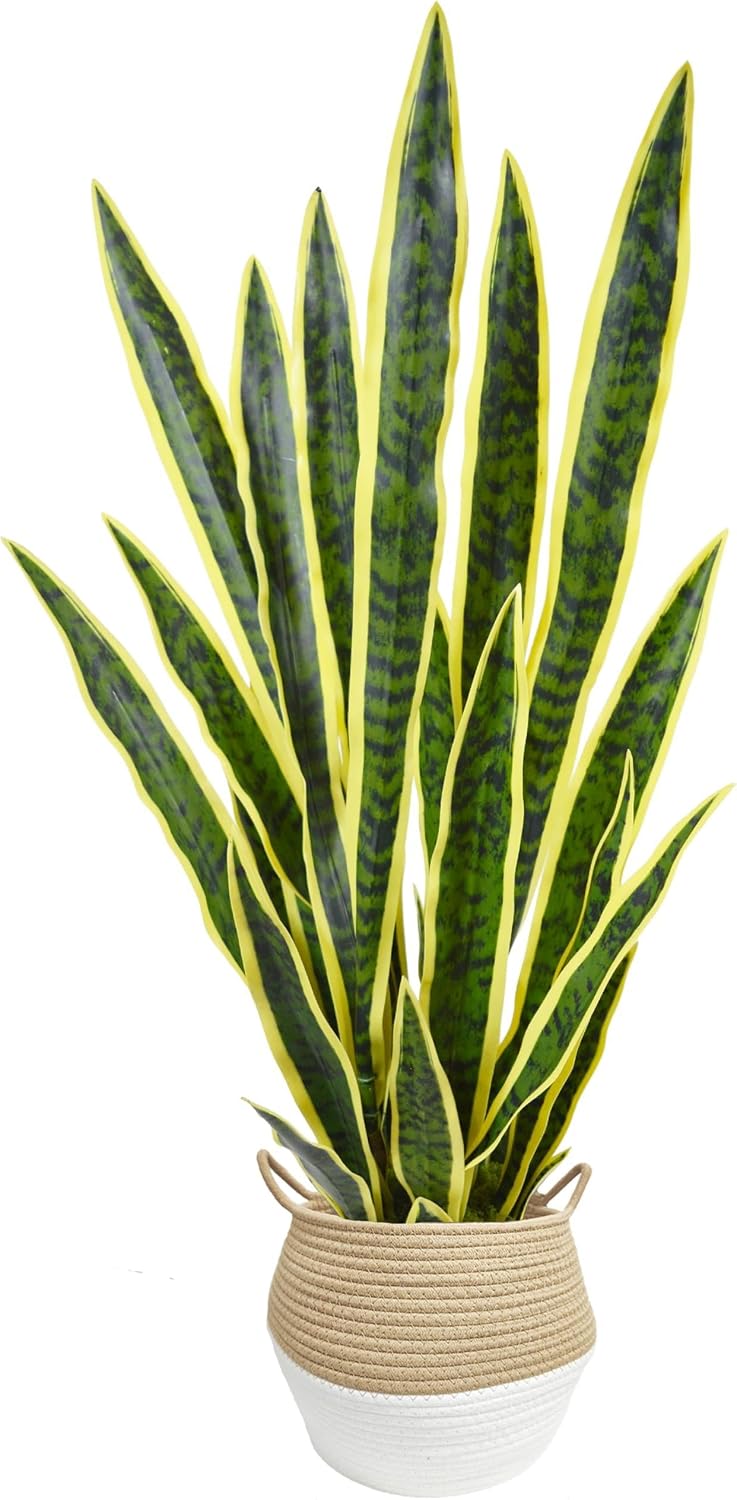 Warmplants Artificial Snake Plant 3ft Fake Sansevieria with Woven Basket