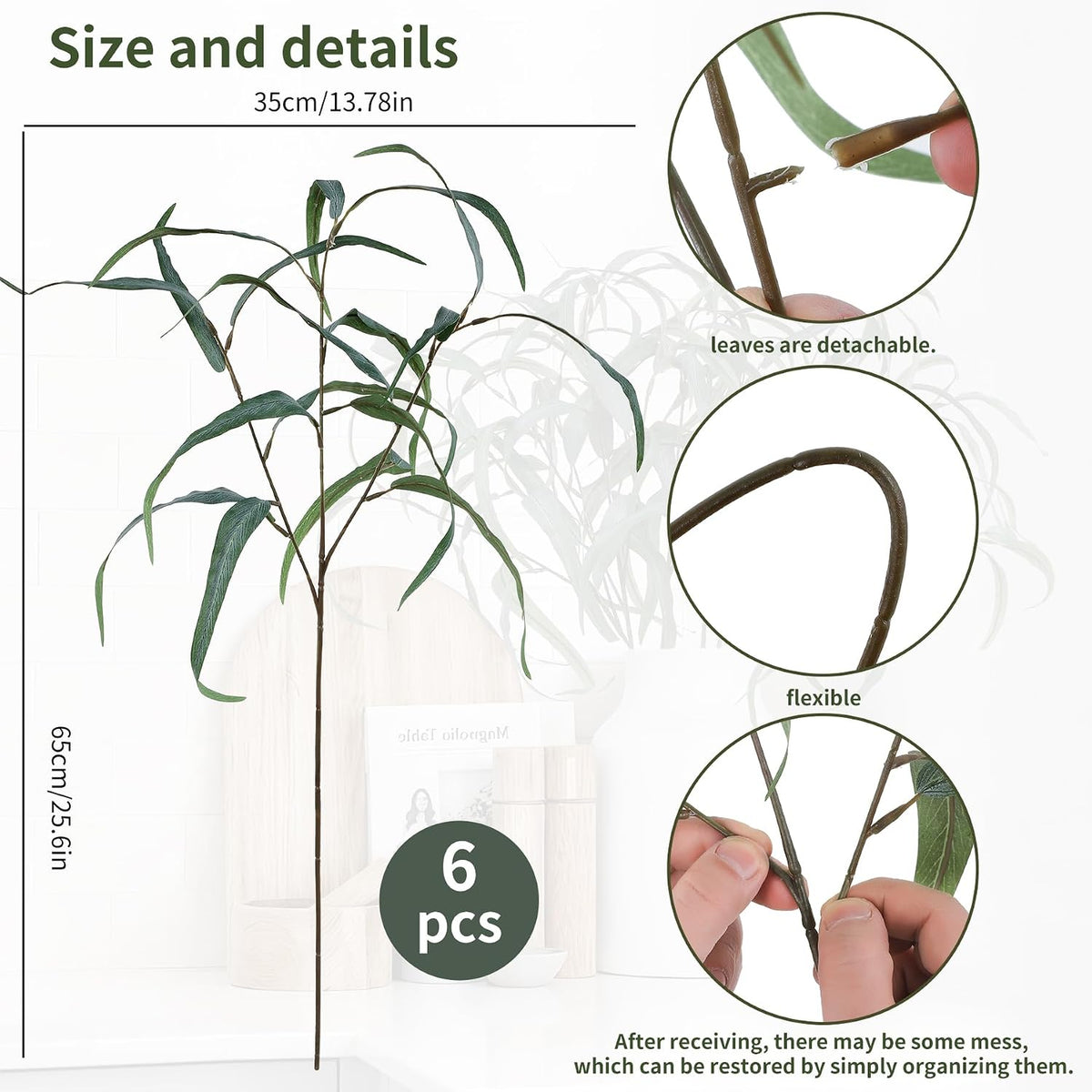 6pcs Artificial Willow Eucalyptus Stems,Long Leaves