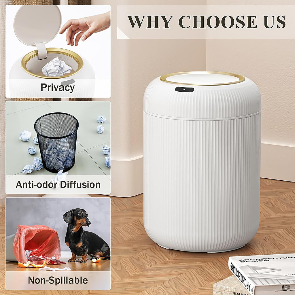 Automatic Motion Sensor Bathroom Trash Can with Lid,White and Gold