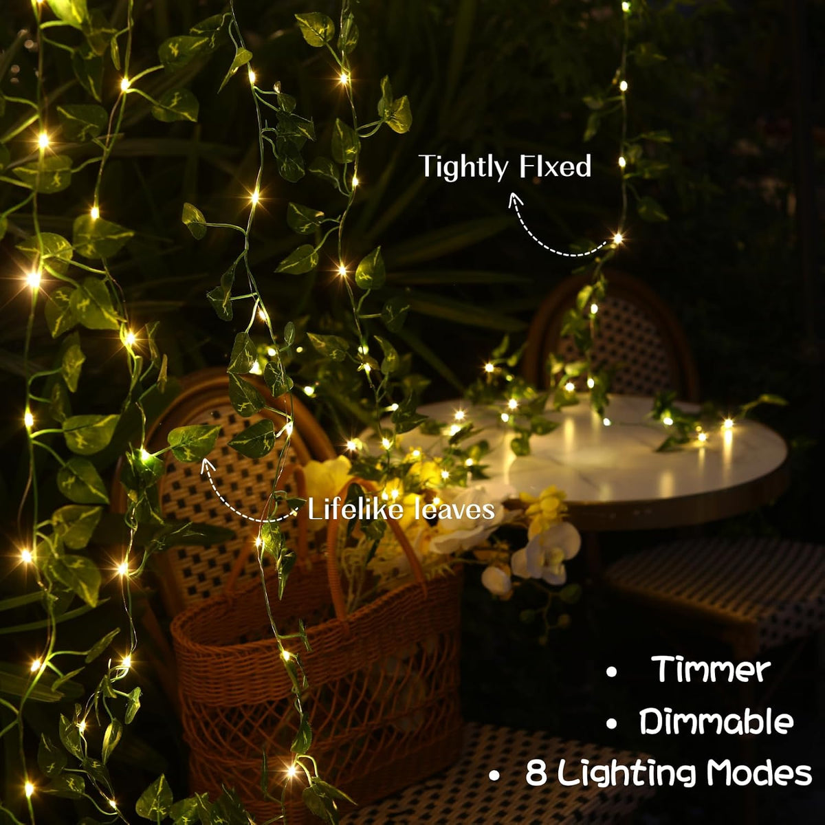 2 Pack Vines with Fairy Lights 40ft 120 LED Pothos String Lights USB Plugin & Battery Operated Leaf Lights with Timer 8 Modes Remote Decorative Light for Bedroom Wedding Party - Warm White
