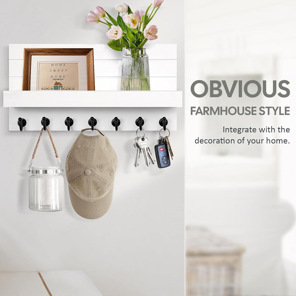 HONJIN Key Holder for Wall: Upgraded 7 Sturdy Key Hooks Easy Installation Mail Organizer Wall Mount Hanging Key Rack for Kitchen and Entryway Decor