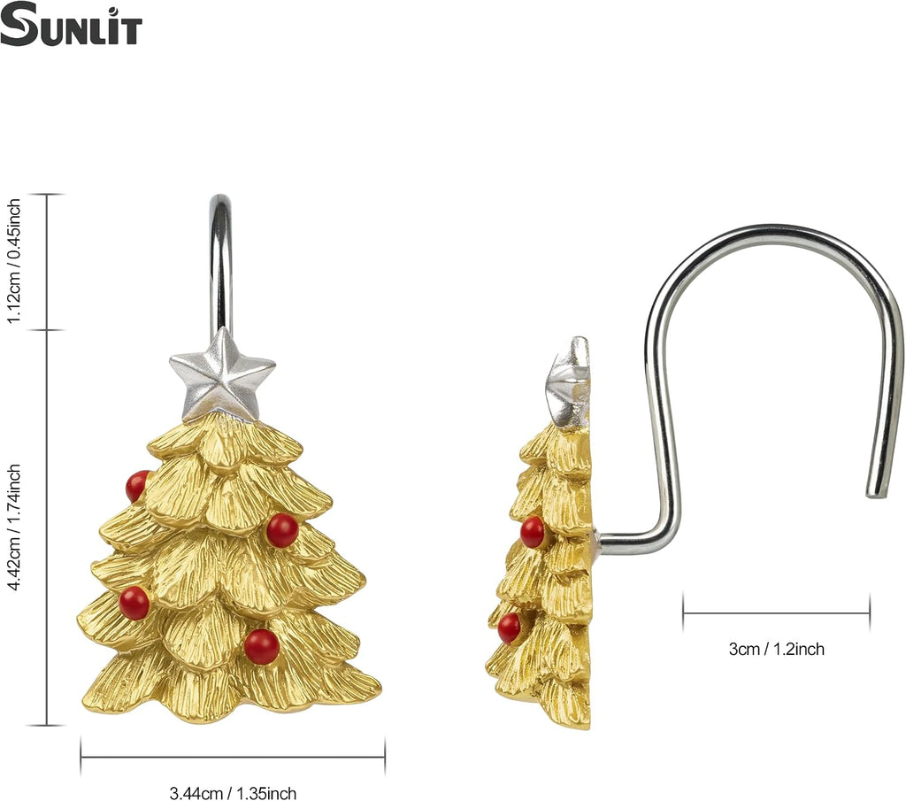 Sunlit Gold Christmas Tree Decorative Shower Curtain Hooks with Star, Shower Curtain Rings, Resin, Xmas Theme Winter Holiday Bathroom Decoration, Set of 12, Golden Tree with Red Balls Ornaments