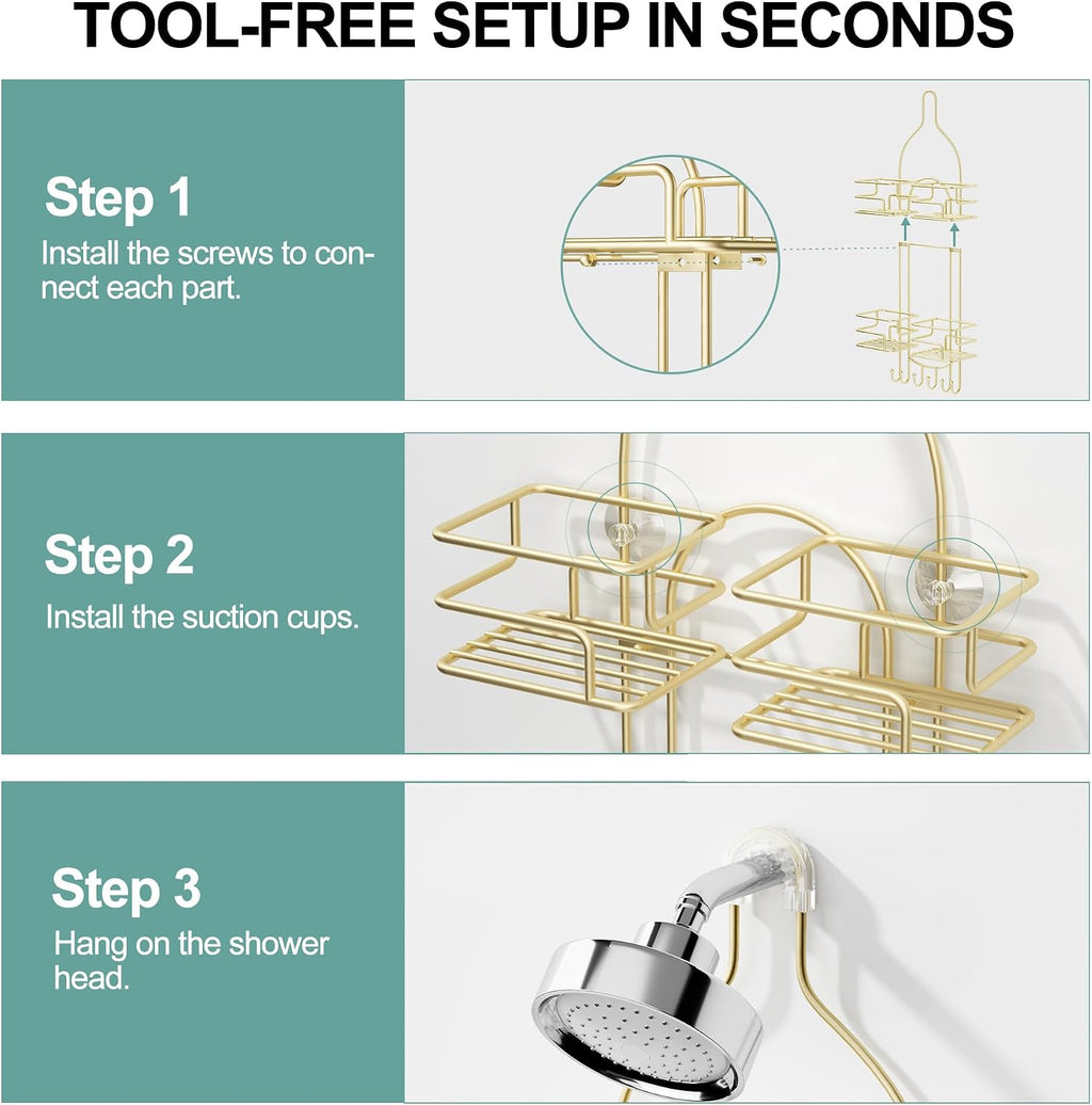 SRIWATANA Shower Caddy Hanging, Shower Organizer with Razor Hooks, Gold