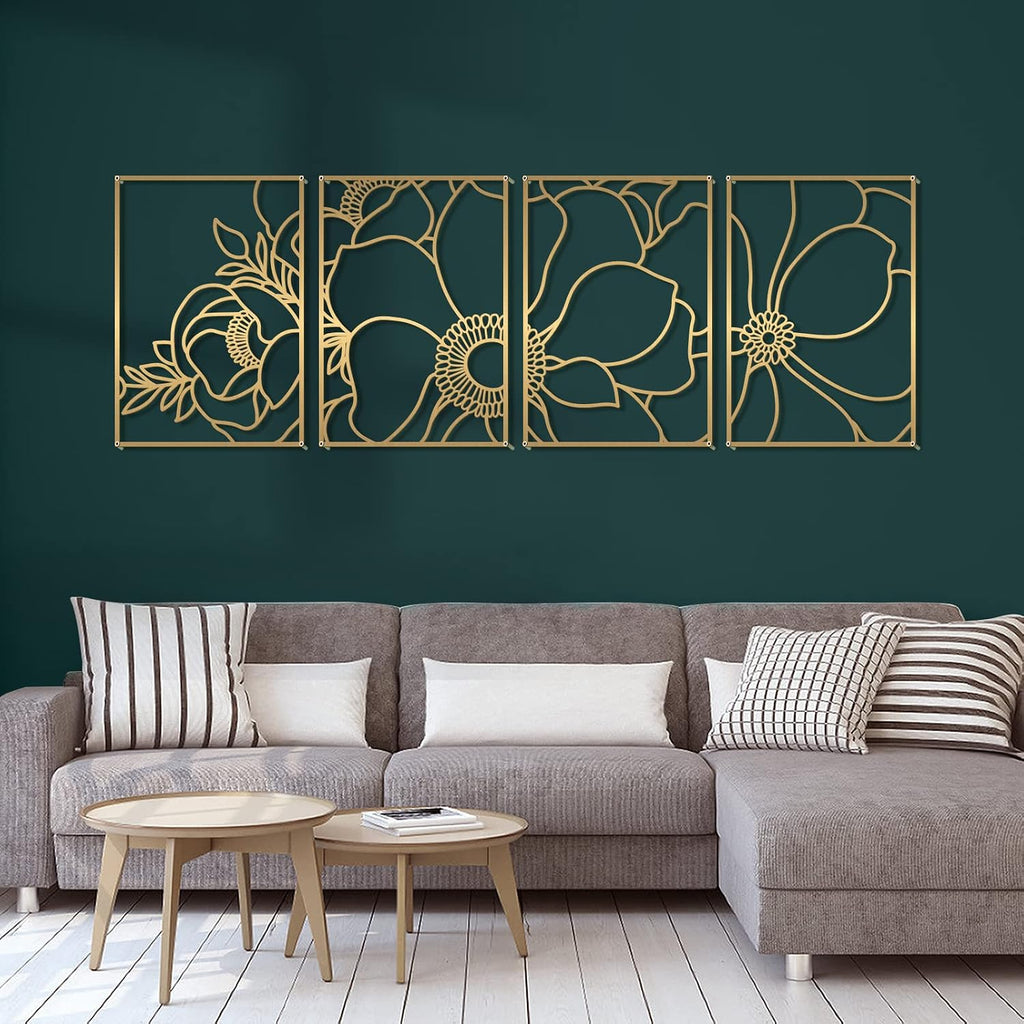 Glamativity Large 4 Pack Gold Wall Art, Minimalist Decor, Real Metal, Nature Floral Abstract, for Bedroom, Living Room, Bathroom (Gold Blossom Style, L Size 22.5 x 15.7'')