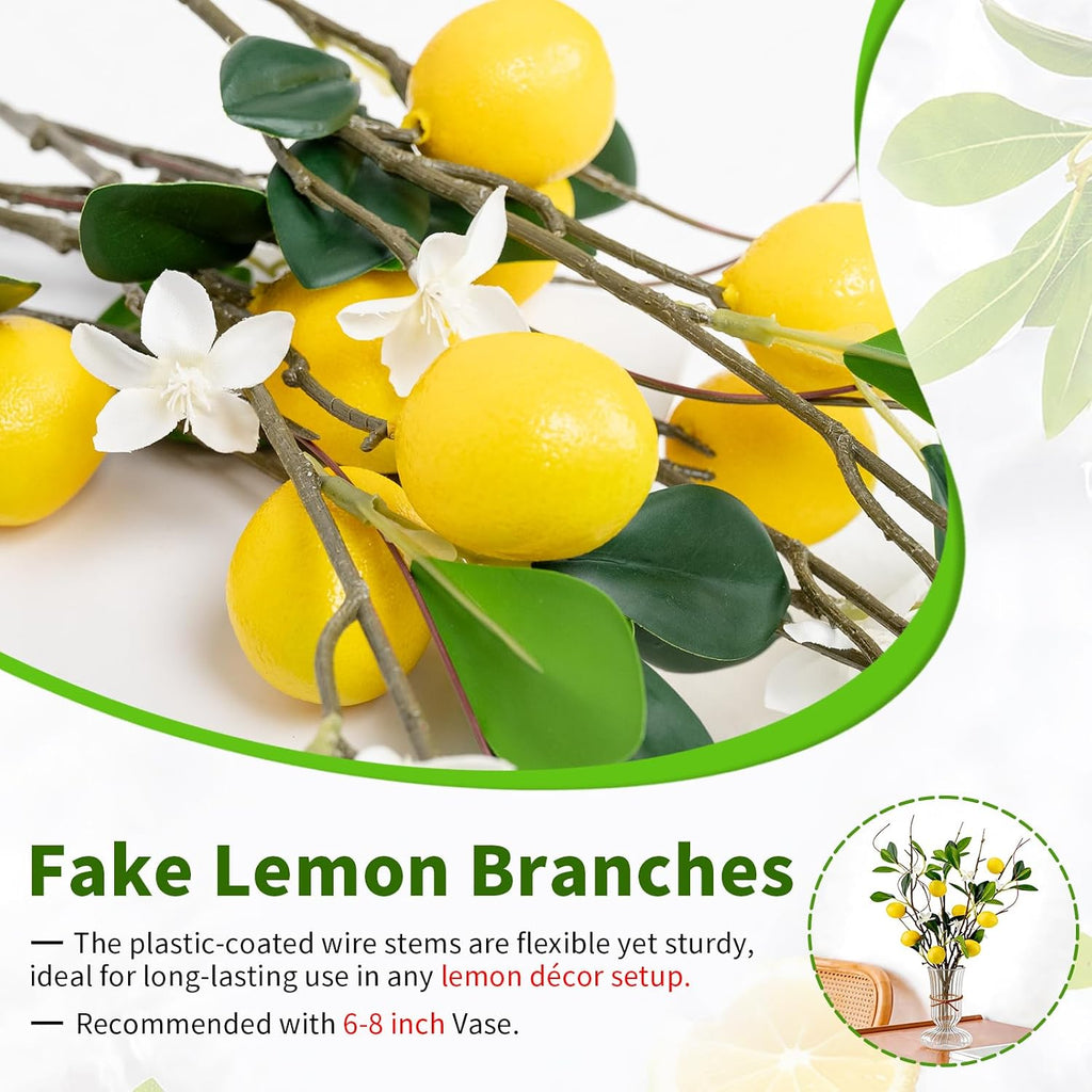 4 PCS 18.9” Artificial Lemon Branches for Kitchen Decor, Faux Yellow Lemons with Magnolia Flower & Willow Stems, Realistic Fake Fruit Picks for Farmhouse Party Decoration and Vase Arrangements
