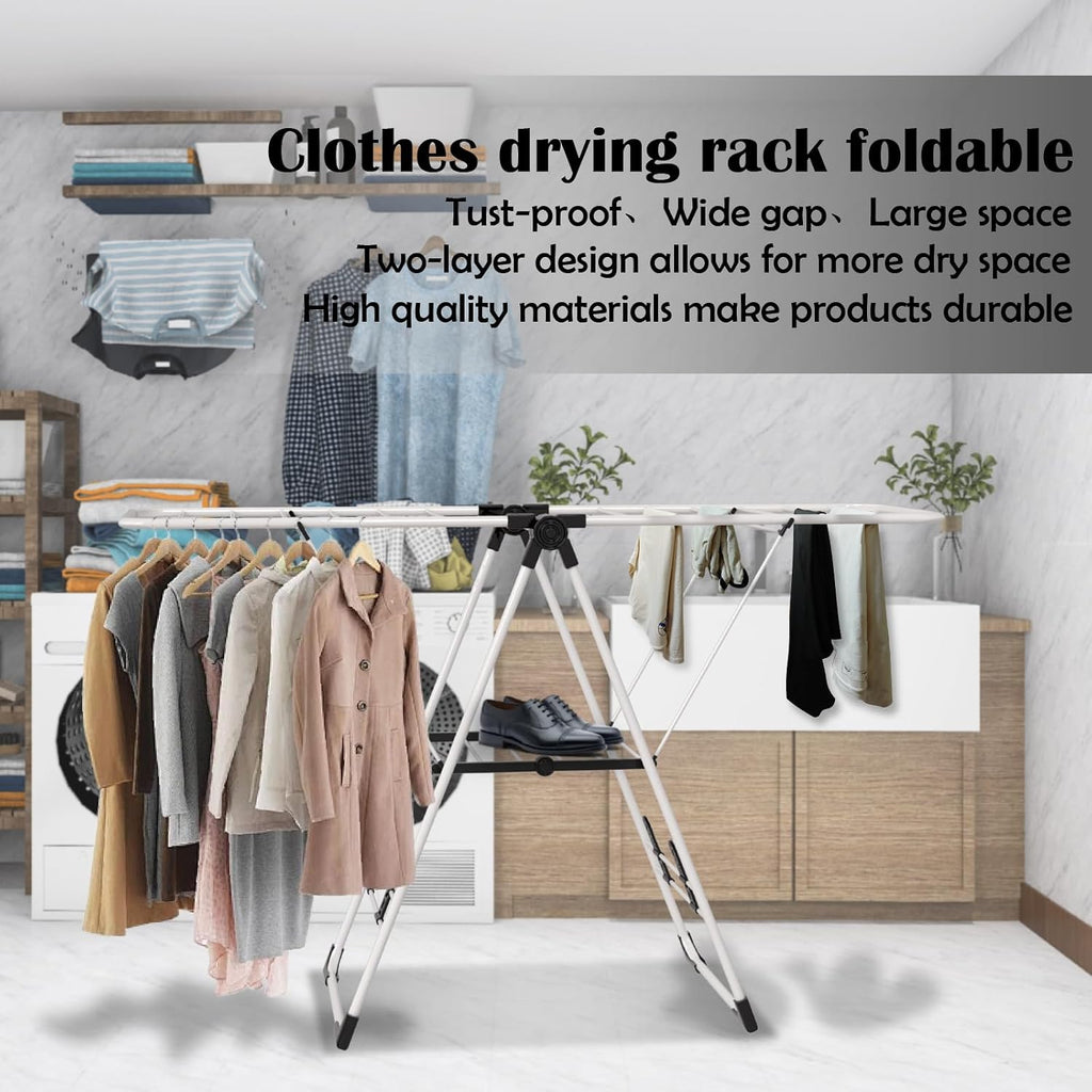 Maomo Foldable Clothes Drying Rack, Double-Sided Gullwing Laundry Drying Stand with Adjustable Wings, Tool-Free Setup, Space-Saving Steel Rack for Indoor Use, White