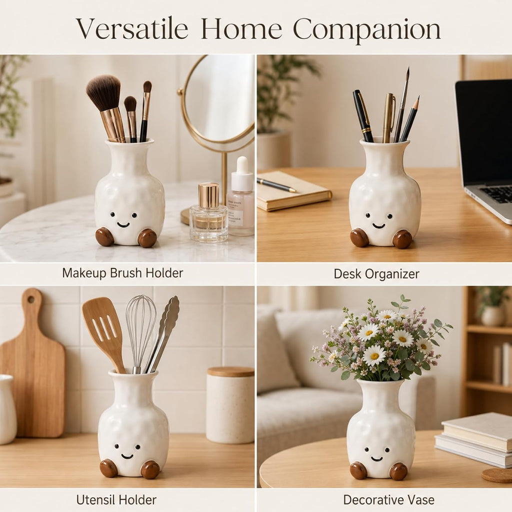 Cute Flower Vase, White Ceramic Smiley Face Vase for Home Decor & Gifts