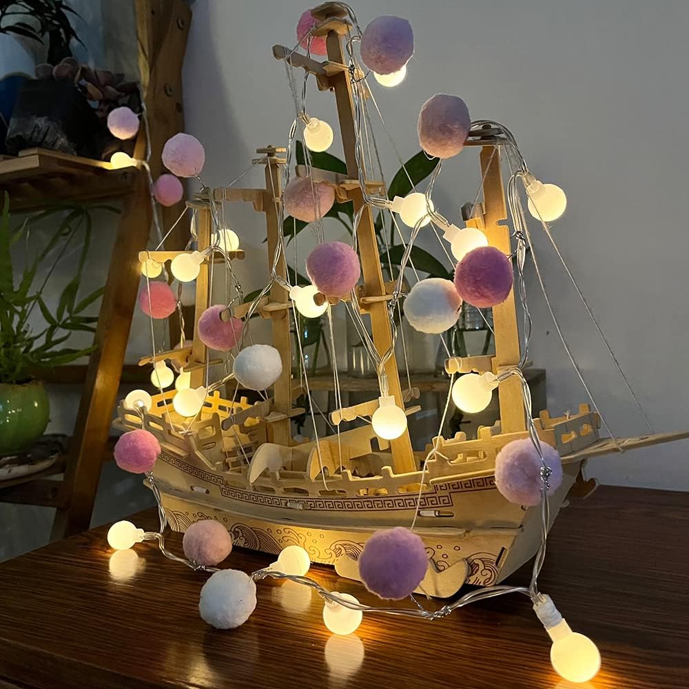 ChiRee Indoor String Lights 6.56 Feet Pom Poms Fairy 20 LED Battery Operated Ball Warm White Globe Colorful Decor for Home Bedroom Kids Playhouse Holiday Christmas
