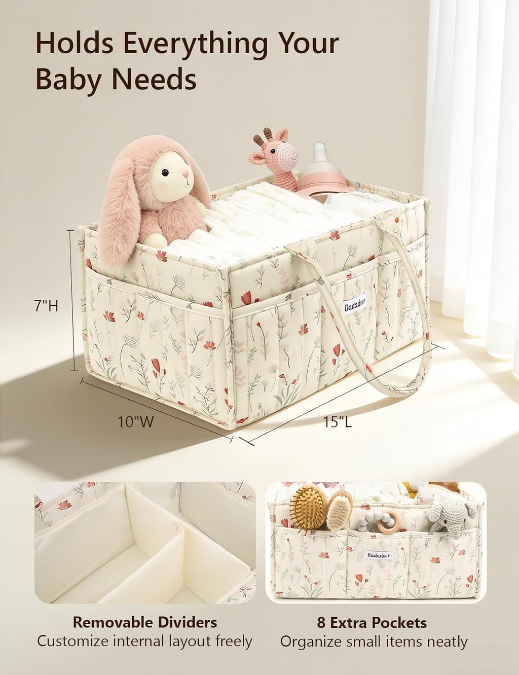 Quilted Floral Diaper Caddy Organizer, Nursery Storage Basket with Dividers