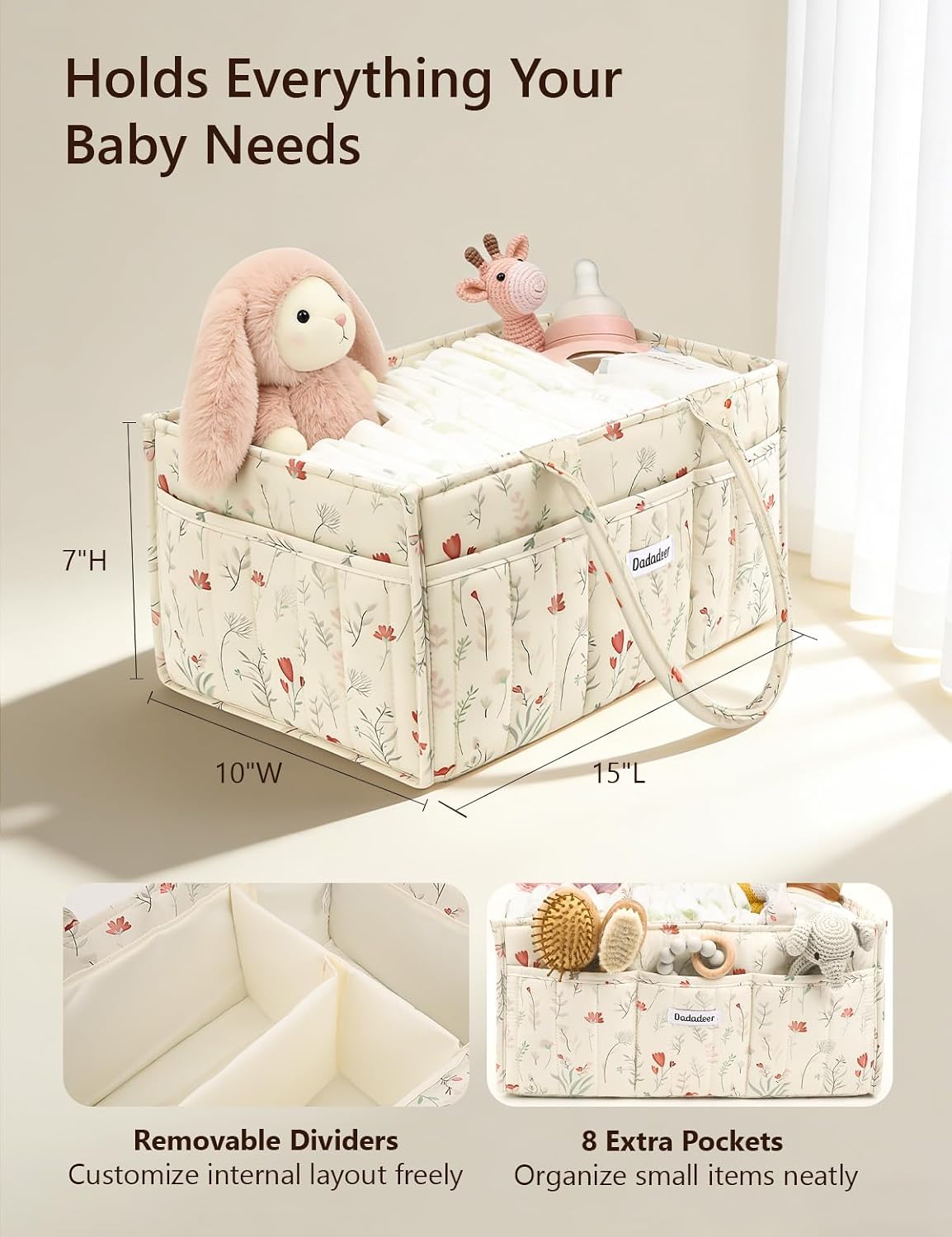 Quilted Floral Diaper Caddy Organizer, Nursery Storage Basket with Dividers