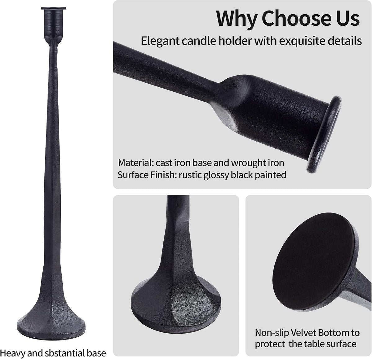Iron Taper Candle Holder Set of 3 15.5” 14” 12” Decorative Modern Vintage Metal Tall Candlestick Holders for Wedding, Dinning Table,Mantle, Party Decoration (3, Black)