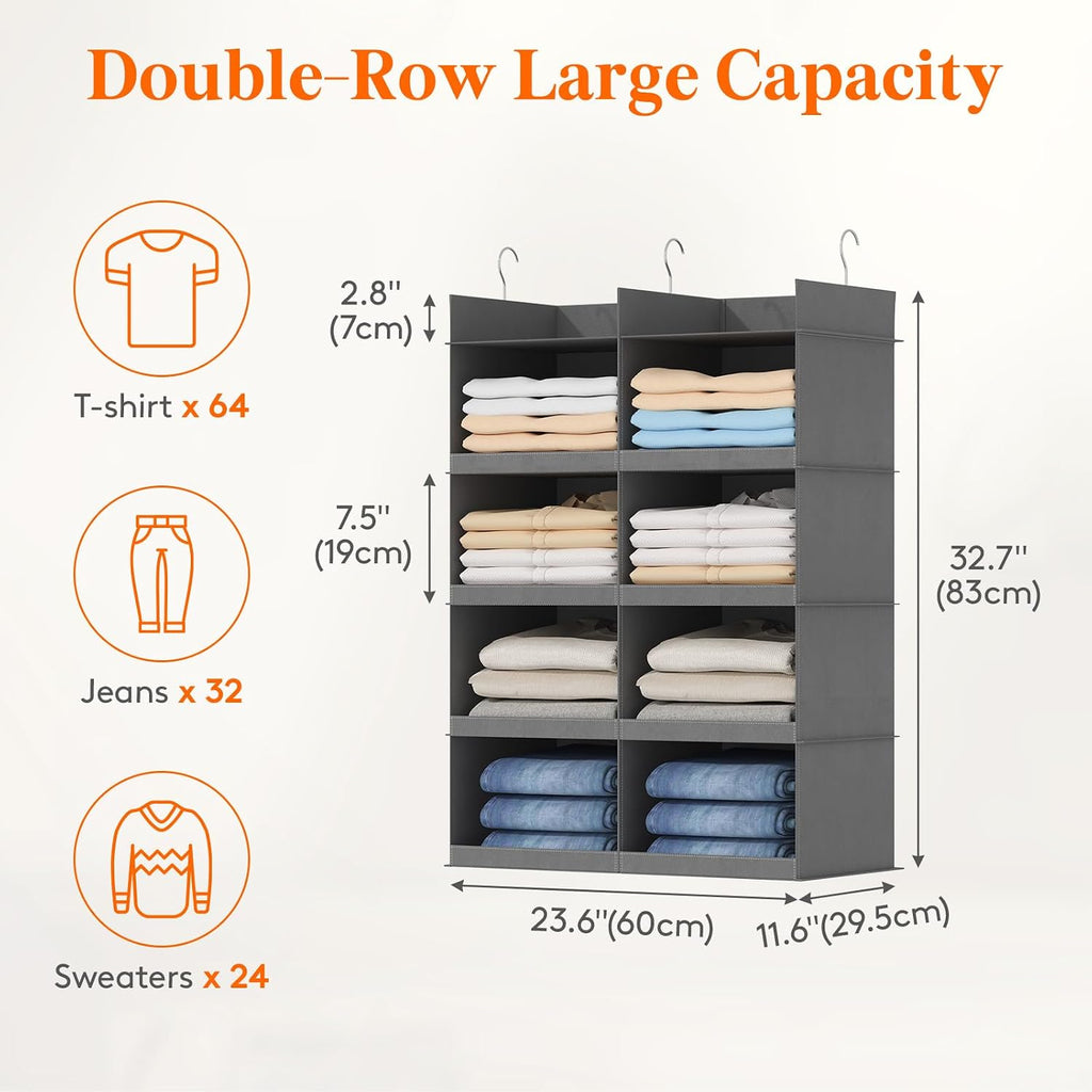 Lifewit 8 Sections Dual-Row Shelf Hanging Closet Storage Organizer, Gray