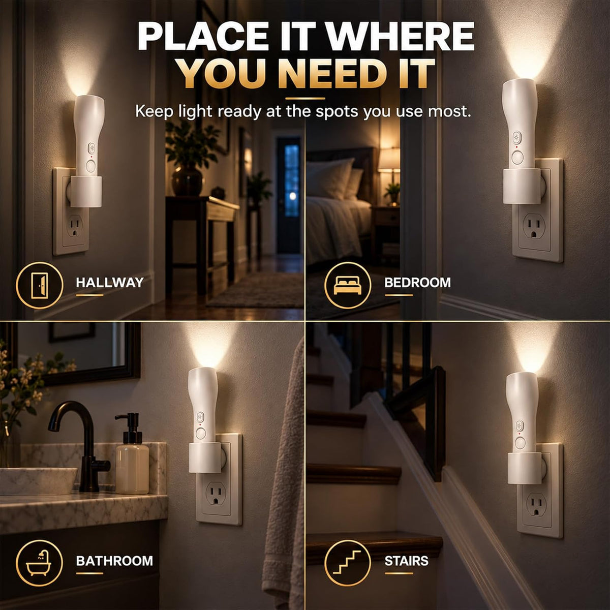 Plug In Motion Sensor Night Light, Emergency Flashlight for Power Outages