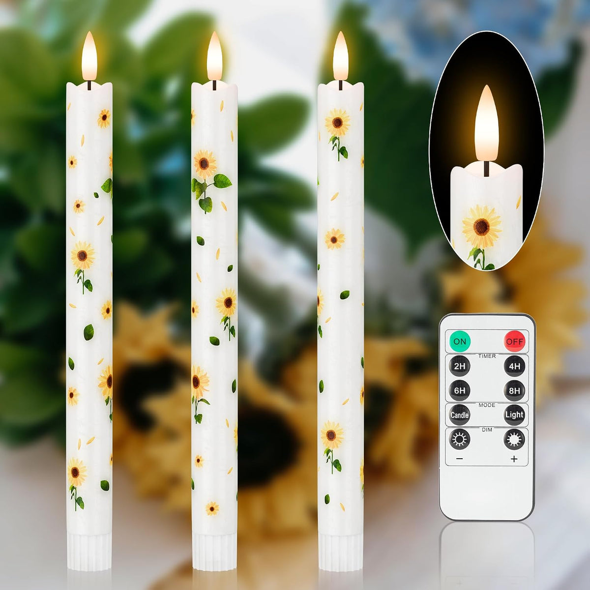 JOIONE Sunflower Flameless Taper Candles with Remote, 3 Pack Home Decor