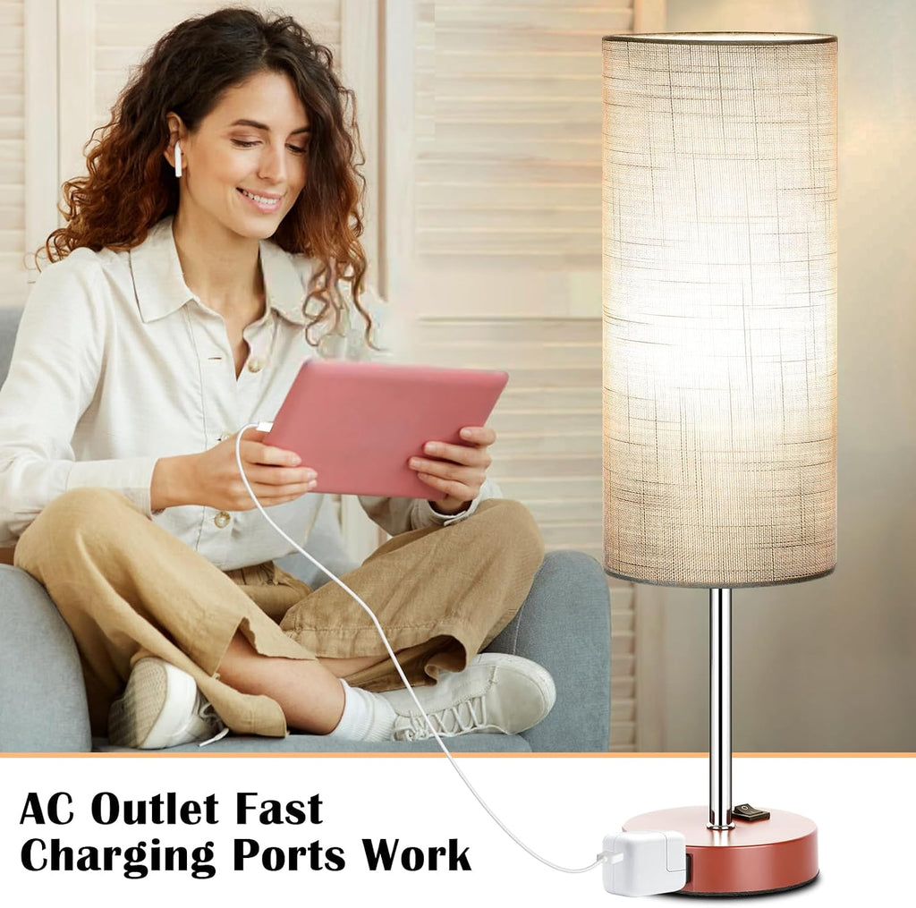 ZJOJO Table Lamp for Bedroom 2 Pack,18in Bedside Lamps with 3 Way Dimmable Rocker Switch & AC Outlet,Nightstand Desk Lamp with Gray Fabric Shade Brown Base for Living Room Home Decor Lights