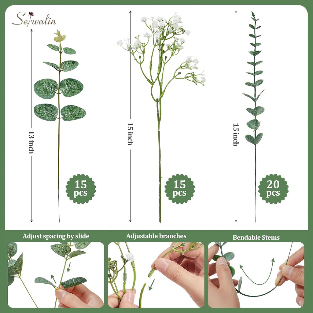 Serwalin 50PCS Mixed Eucalyptus Stems with Baby's Breath Greenery