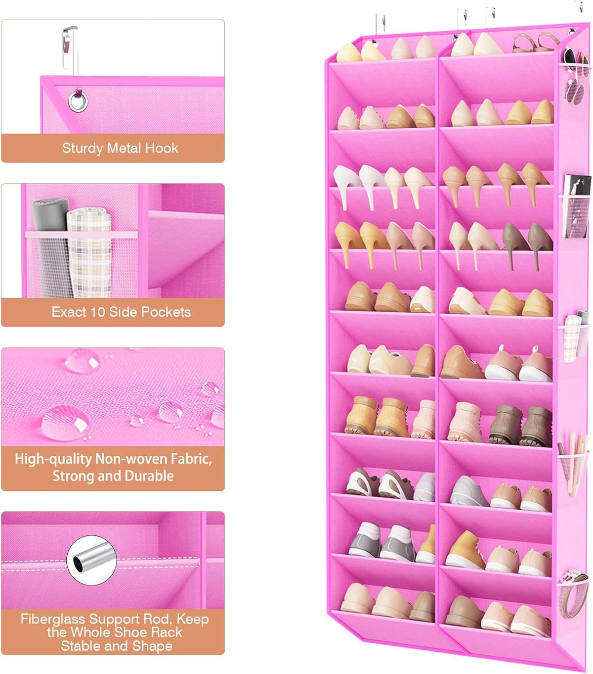 LANTEFUL Over the Door Shoe Organizer, Hanging Shoe Rack for Closet Door Shoe Storage for 30 Pairs Sneaker and Boots, Large Shoe Holder for Door with 10 Side Pockets, Space Saving, Pink