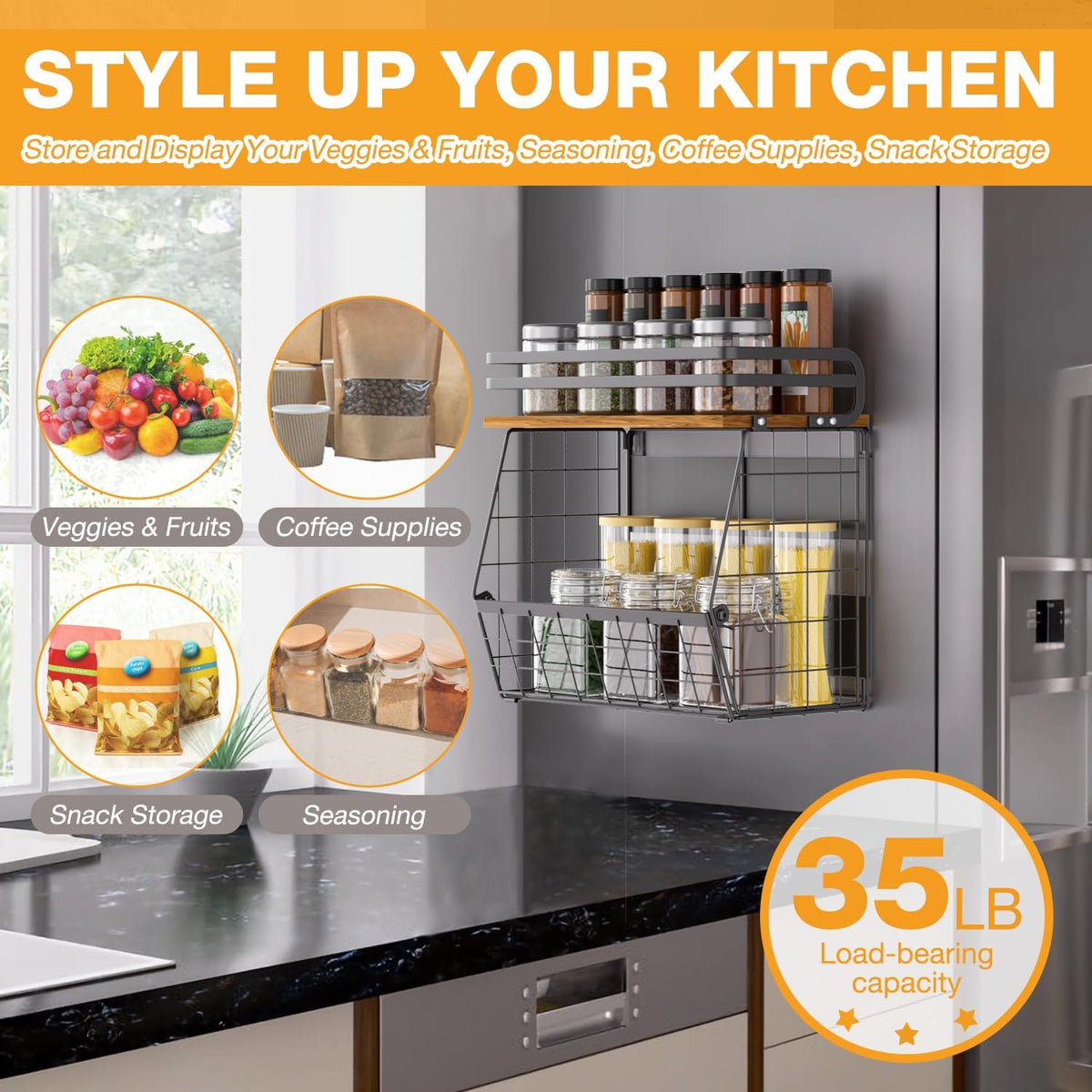 Magnetic Shelf for Fridge with Wood Lid, Large Capacity Magnetic Spice Rack for Refrigerator Kitchen Storage Bin for Fruit, Onion, Potatoes, Storage Organizer for Counter & Cabinet, Wire Basket