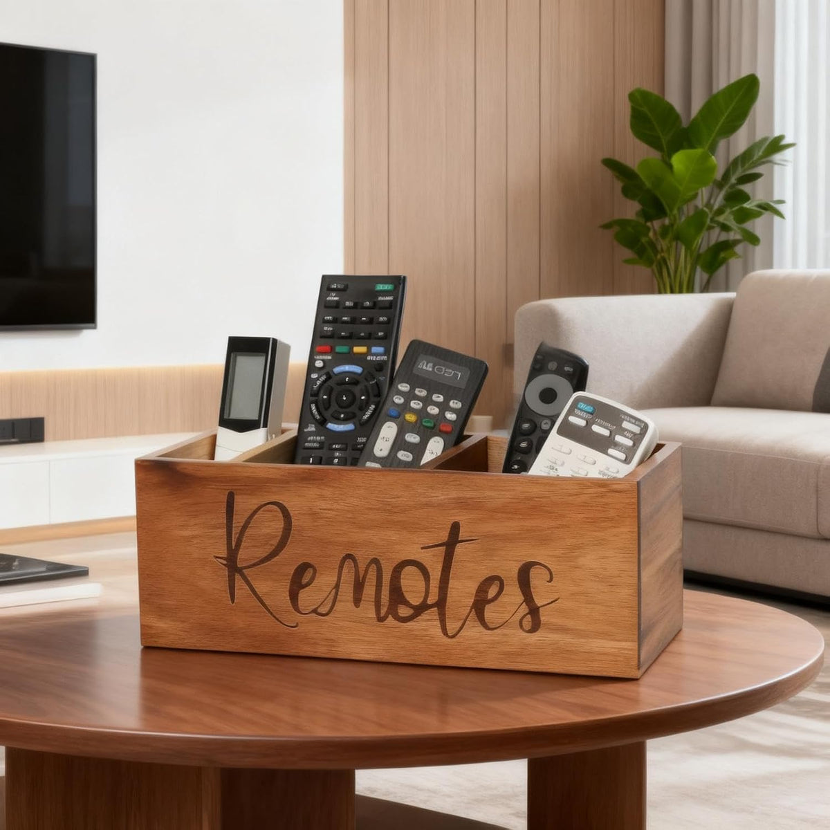 LBEMEY Acacia Wood TV Remote Holder, Caddy and Organizer for Table, Vintage Farmhouse Desk Caddy (Brown for 5+ Remote Controls)