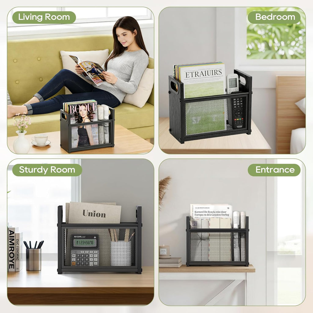 Magazine Rack & Holder, Mesh Magazine Rack Floor, Multi-Purpose Storage Organizer for Magazines, Books, Newspapers, Mail, Tablets | Magazines Storage Basket for Home, Office, Bathroom, Black Walnut
