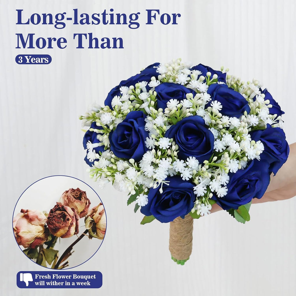 Artificial Bridesmaid Bouquets Set of 6 for Wedding-7 inch Navy Blue Flowers Bouquets for Bridesmaids, Faux Rose Gypsophila Rustic Small Floral Bouquet Fake Wedding Party Ceremony Anniversary Decor