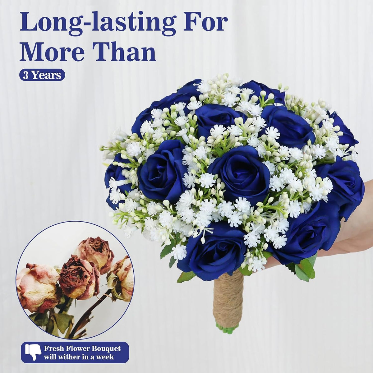 Artificial Bridesmaid Bouquets Set of 6 for Wedding-7 inch Navy Blue Flowers Bouquets for Bridesmaids, Faux Rose Gypsophila Rustic Small Floral Bouquet Fake Wedding Party Ceremony Anniversary Decor