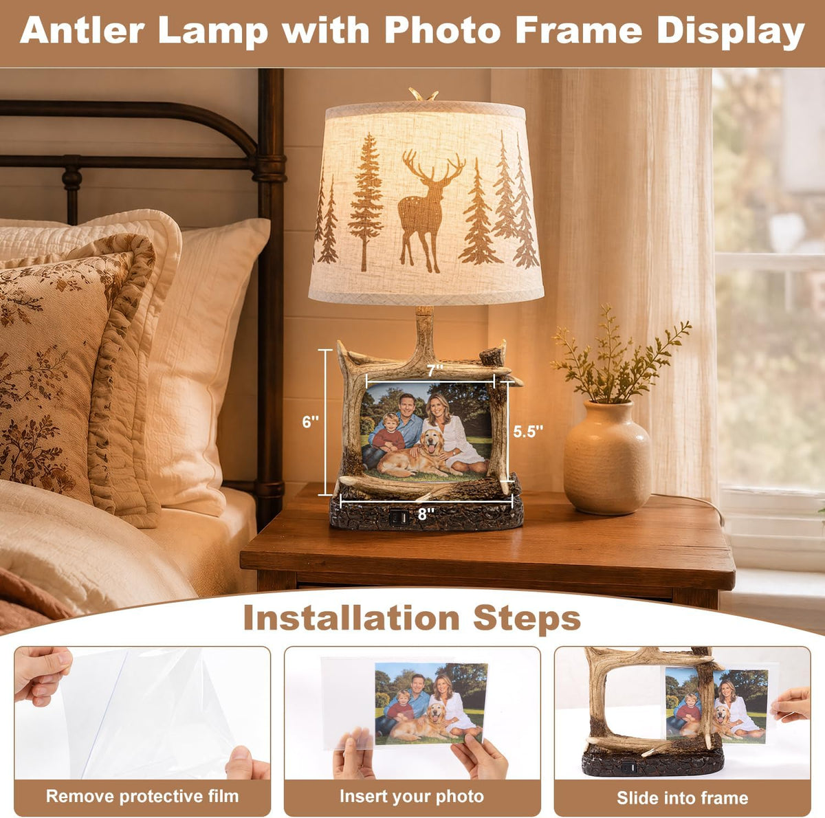 Dungoo 23" Rustic Antler Table Lamp with Picture Frame Lamp with USB-C Port