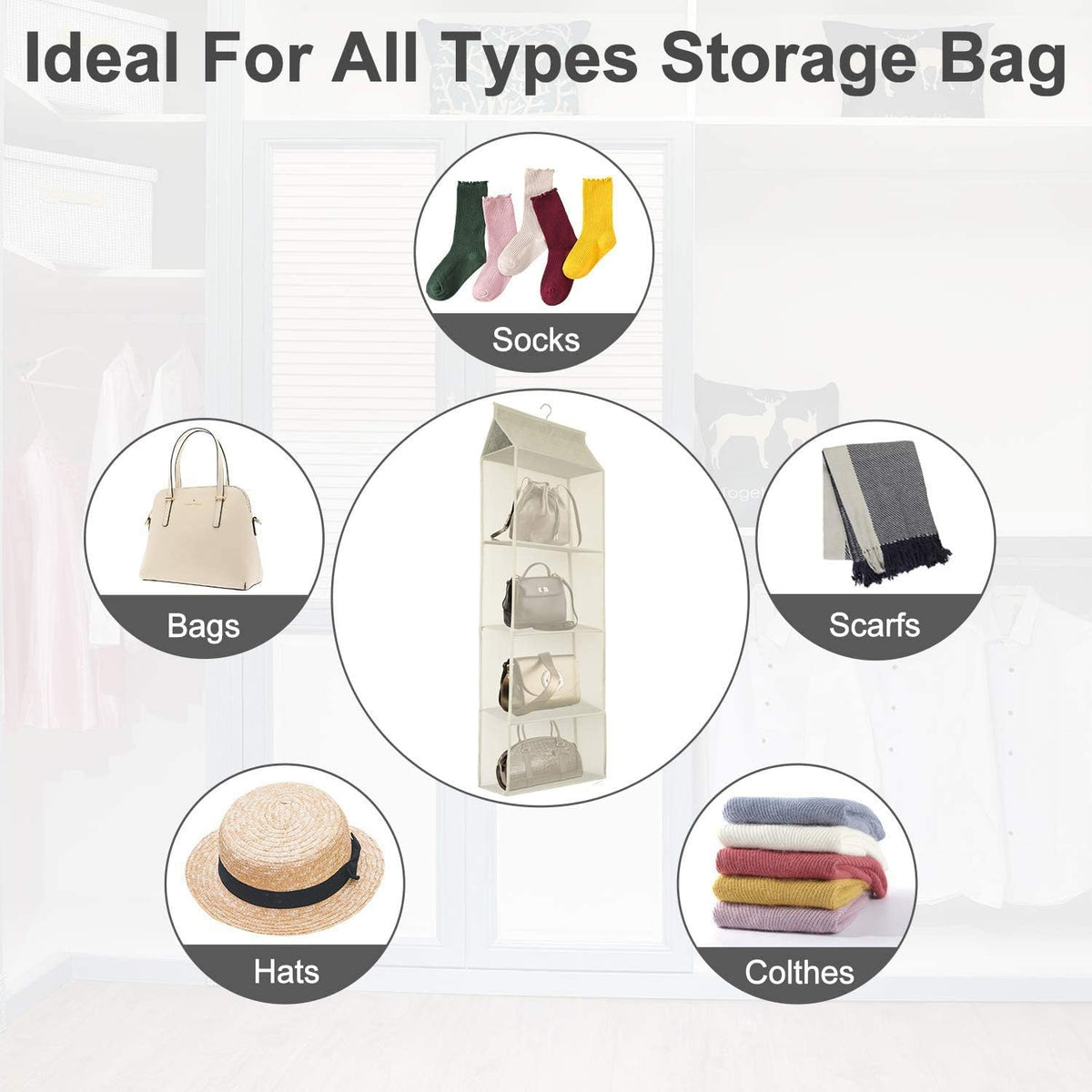 Closet Handbag Purse Holder, Space Saving Hanging Handbag Storage Tote Bag Organizer Holder with 4 Large Heavy-Duty Mesh Shelves for Wardrobe Closet(Pack of 2 Beige)