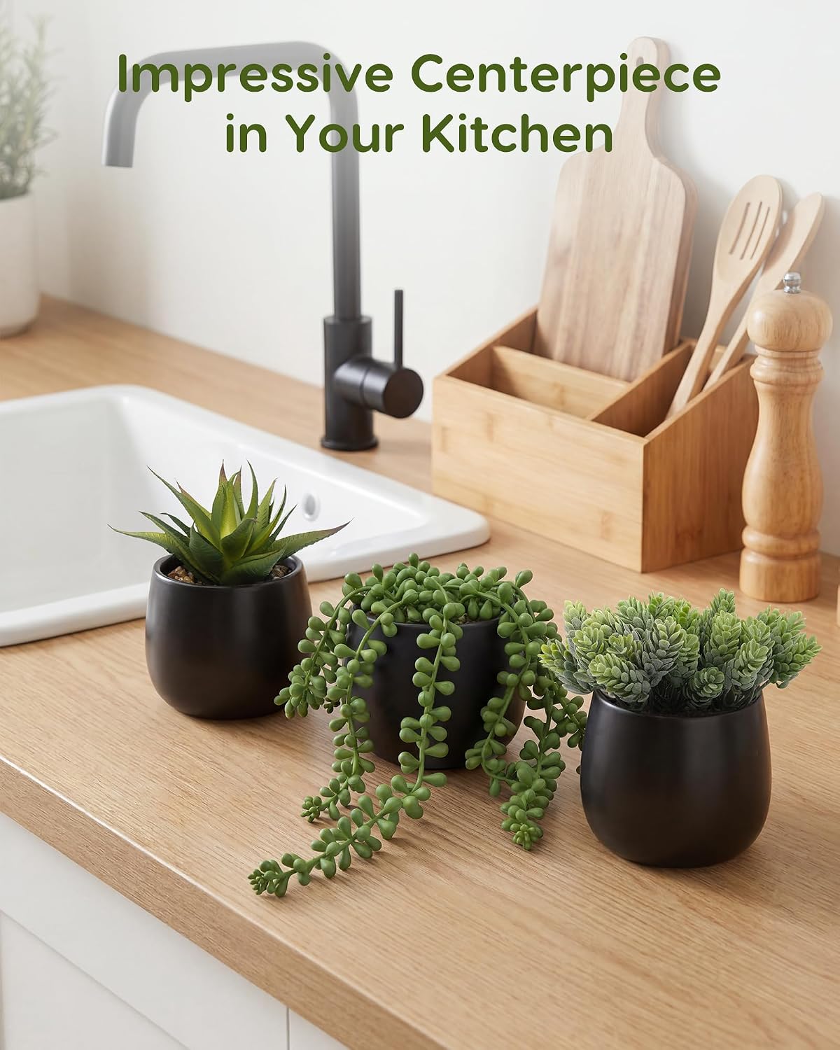 Velener Artificial Succulents Plants in Black Pots (Set of 3) - Faux String of Pearls, Aloe & Sedum Potted Plants Small Fake Plants Indoor for Home Office Table Desk Shelf Kitchen Bathroom Decor