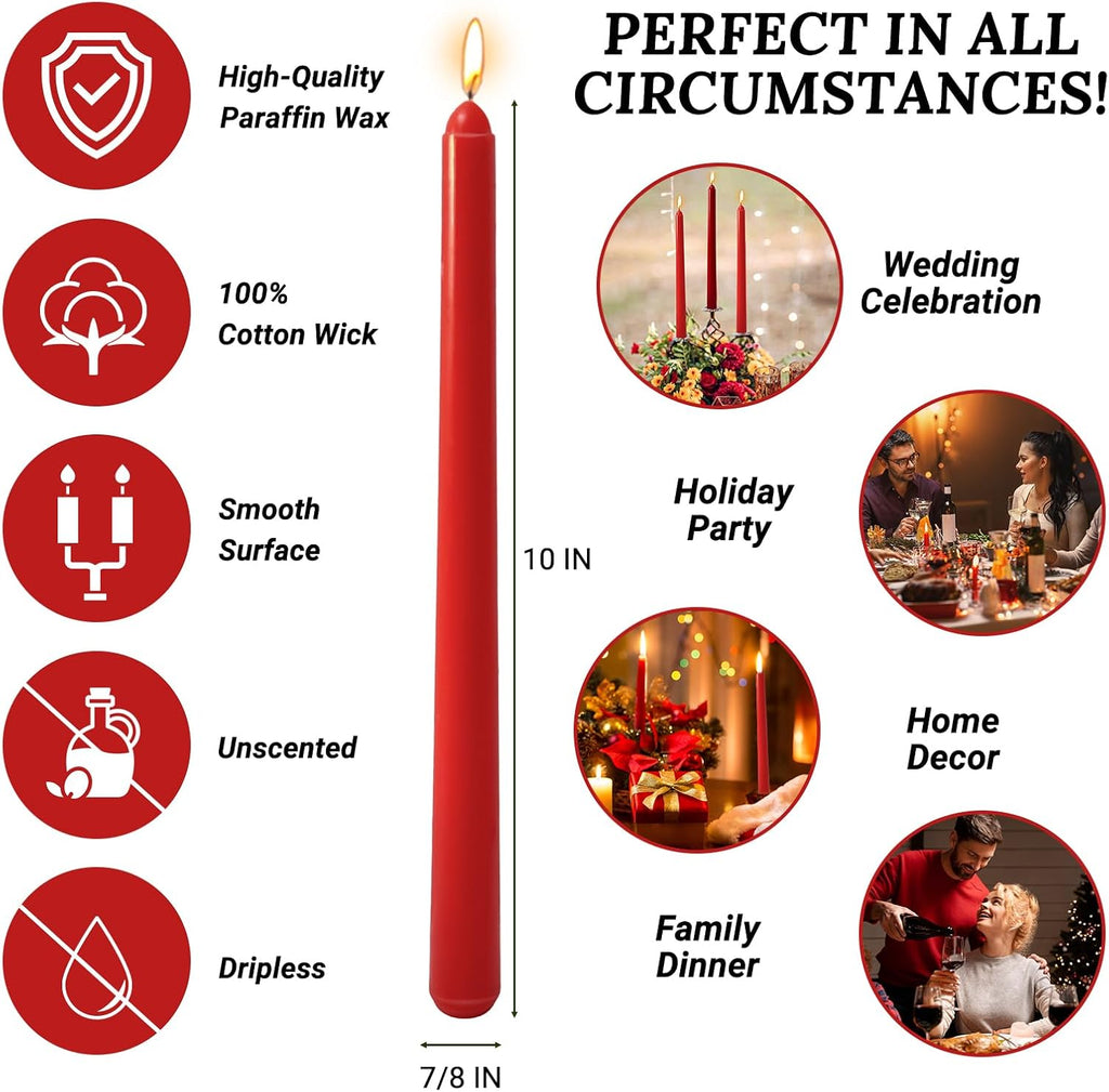 10 Inch Gradient-red Taper Candles, 4 Packs Unscented Candlesticks for Dinner, Wedding, Valentine’s Day and Home Decoration, Dripless and Smokeless, 8-10 Hours Burn