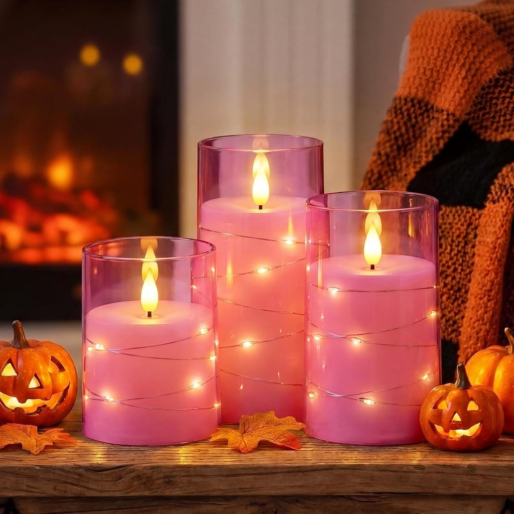 Homemory Flickering Flameless Candles, Pink LED Pillar Candles with Remote