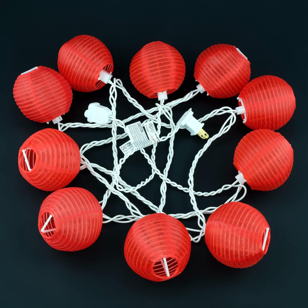 YULETIME Red Lantern String Lights, 10 ct 3" Dia 7.6 ft White Wire Plug-in