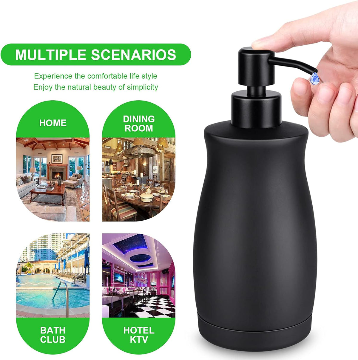 Stainless Steel Countertop Matte Black Soap Dispenser Liquid Bottle for Kitchen & Bathroom Hand Dish Lotion (Matte Black, 390ml/13oz)