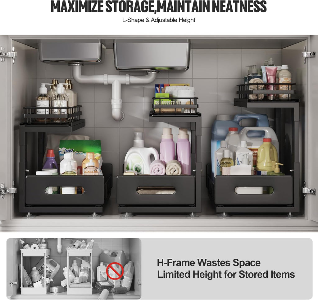 Under Sink Organizer Upgrade To Professional Rails,2-Tier Dual Pull Out Cabinet Storage,Height Adjustable Slide Out Drawers For Bathroom Kitchen,2 Pack-14.5" Dx12.8-16.9" H,Black