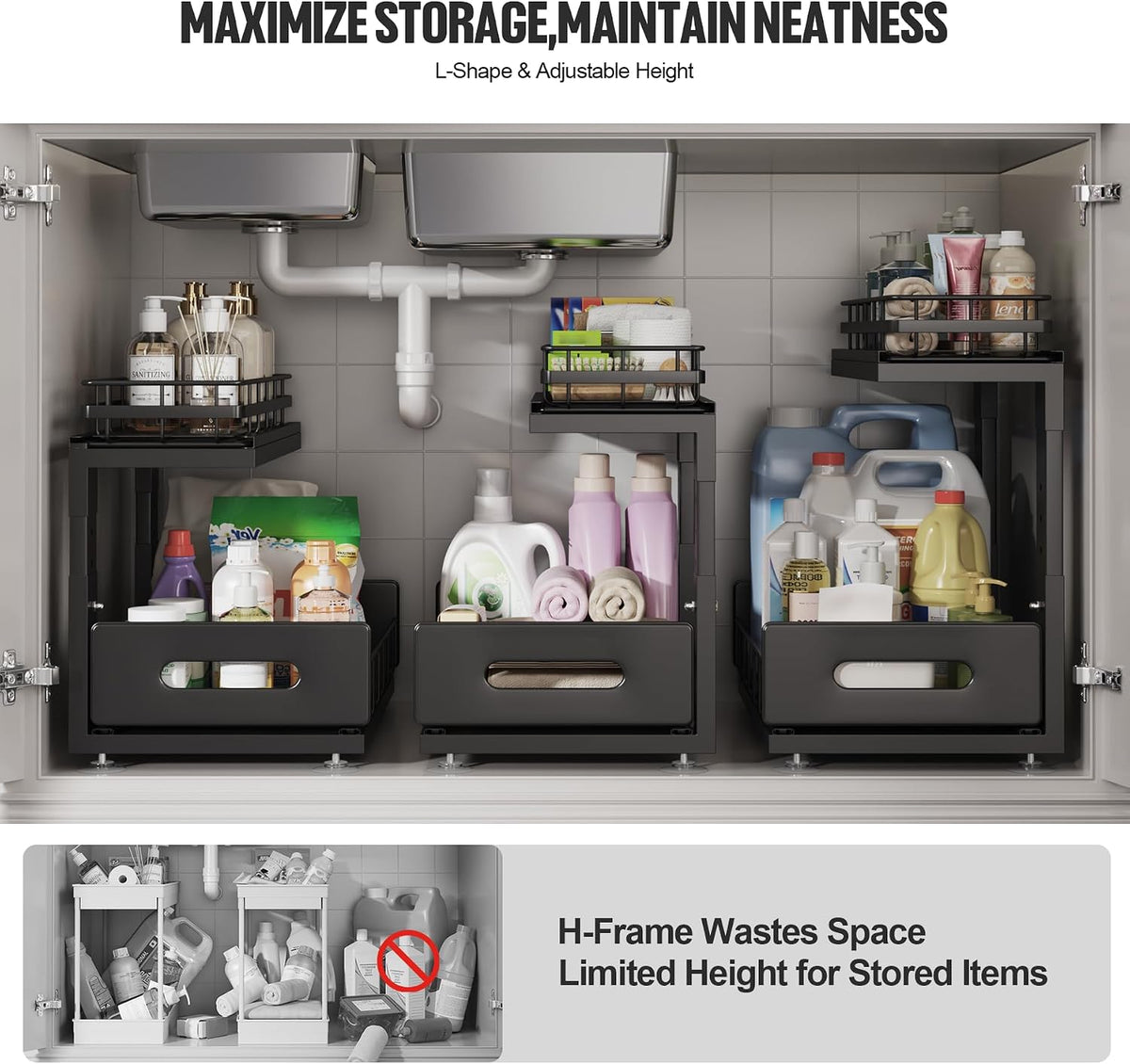 Under Sink Organizer Upgrade To Professional Rails,2-Tier Dual Pull Out Cabinet Storage,Height Adjustable Slide Out Drawers For Bathroom Kitchen,2 Pack-14.5" Dx12.8-16.9" H,Black