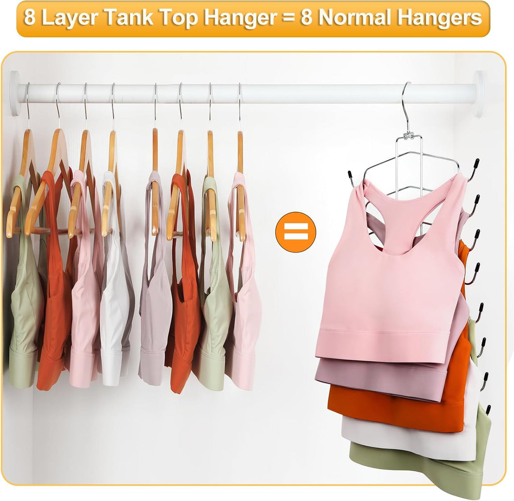 TOPIA HANGER 2 Pack Tank Top Hanger, 8 Layers Bra Hanger Space Saving, Sport Yoga Bras Holder, Closet Organizers and Storage for Camisoles Tank Tops Sports Yoga Bras Swimsuits, Silver CT79B