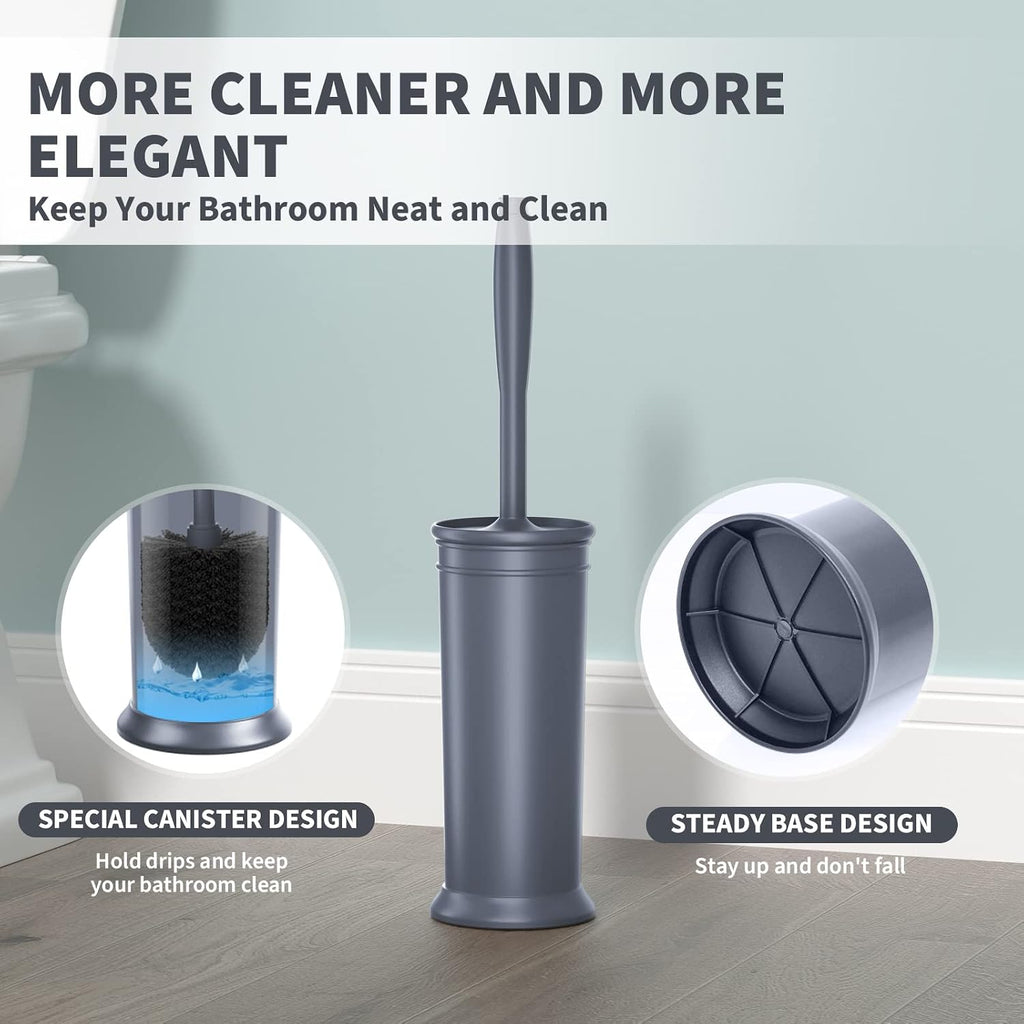 Toilet Brush, Toilet Bowl Brush with Extra Long Handle Durable Bristles Toilet Scrubber and Covered Holder for Toilet Brush Set for Bathroom Cleaning (Gray, 1 Set)