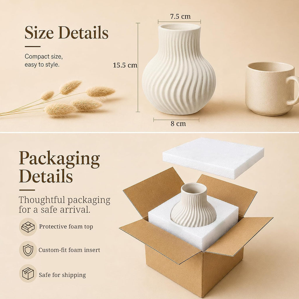 White Ceramic Flower Vase, Modern Ribbed Flower Vase for Pampas Grass